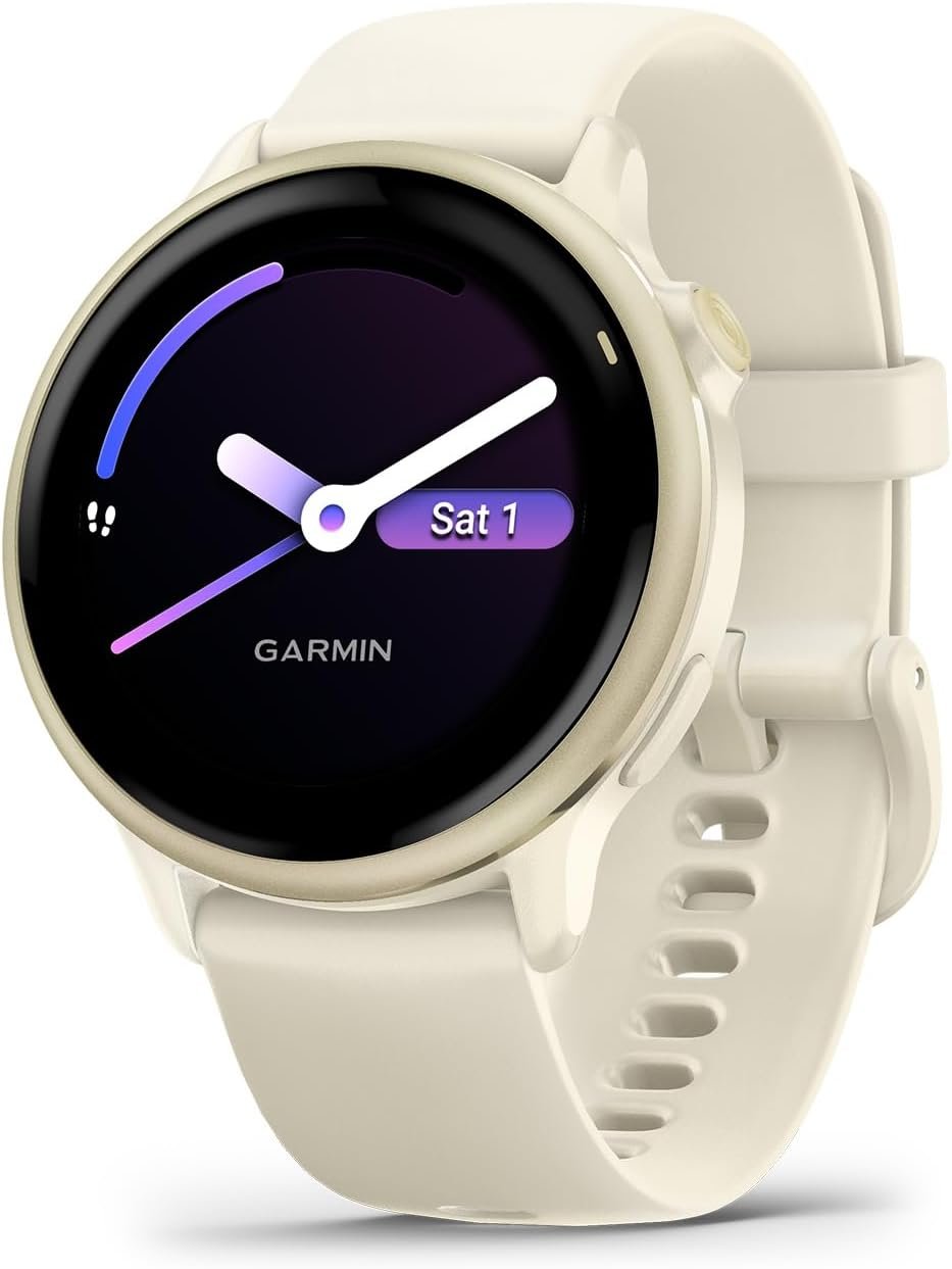 Garmin Vivoactive com caixa clara e pulseira creme, exibindo mostrador digital circular em tons roxo e azul