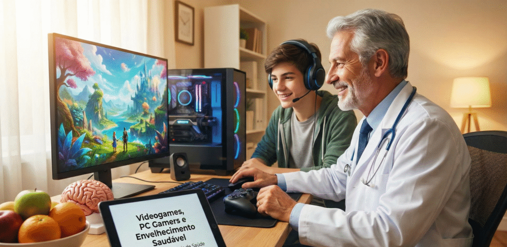 Médico mais velho jogando videogame ao lado de um jovem em um setup PC Gamer, ambos sorrindo, com monitor colorido e tablet mostrando título sobre videogames, saúde mental e longevidade cognitiva